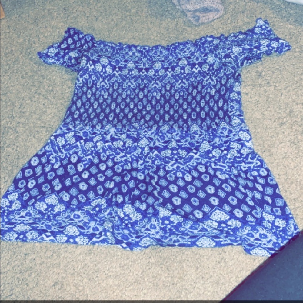 Blue and white off the shoulder crop top.